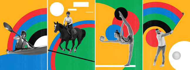 Set of different people doing different kind of sports over multicolored background. Creative art...