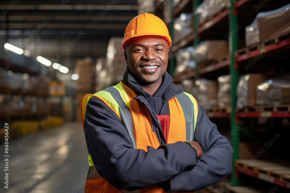 Poster warehouse worker posing at work while smiling at the camera
