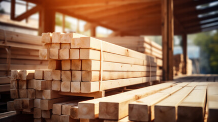 Stacked lumber in the warehouse of the production site against the background of a cantilever gantry crane. - obrazy, fototapety, plakaty