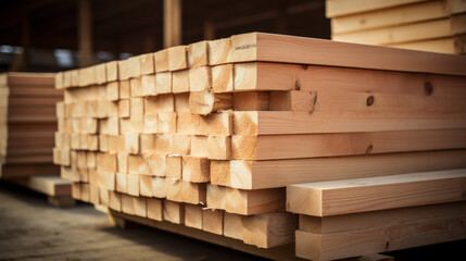 Stacked lumber in the warehouse of the production site against the background of a cantilever gantry crane.