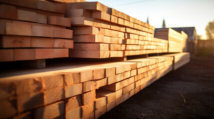 Stacked lumber in the warehouse of the production site against the background of a cantilever gantry crane.