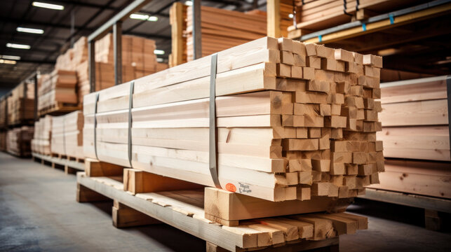 Stacked lumber in the warehouse of the production site against the background of a cantilever gantry crane.