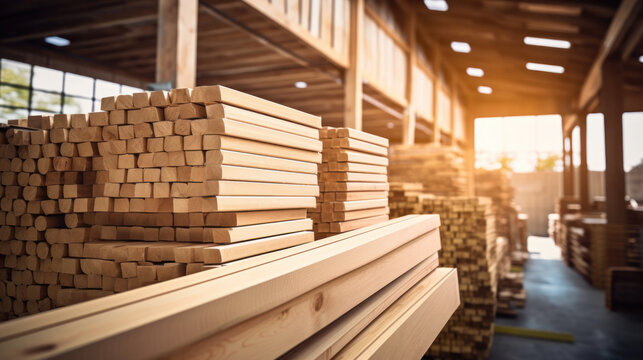 Stacked lumber in the warehouse of the production site against the background of a cantilever gantry crane.