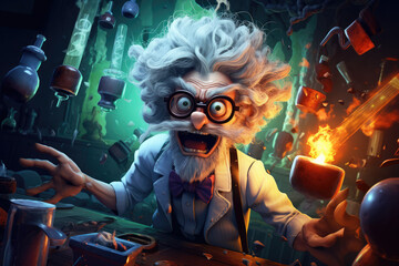 Mad scientist or crazy professor character in science lab - obrazy, fototapety, plakaty