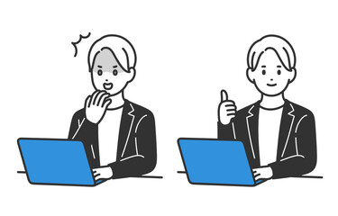 パソコンを見てショック･グッドのポーズをするビジネスパーソン男性のセット【人物ベクターイラスト素材】