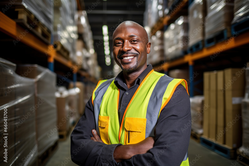 Poster warehouse worker posing at work while smiling at the camera