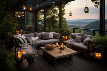 Fototapeta premium Minimalist Outdoor Space. A patio or balcony adorned with minimal furniture, potted plants, and soft lighting, offering a tranquil retreat in the midst of the city