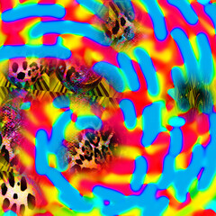 Fototapeta na wymiar Combination textile collage pattern of neon colored leopard snake tiger textures 