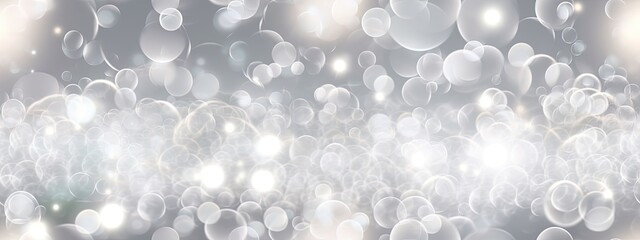 Seamless abstract white bokeh blur background texture overlay. Dreamy soft focus wallpaper backdrop. Light silver grey diffuse glowing floating holiday circle dots pattern