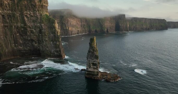 Flying over the Branaunmore sea stack of the Cliffs of Moher 4k