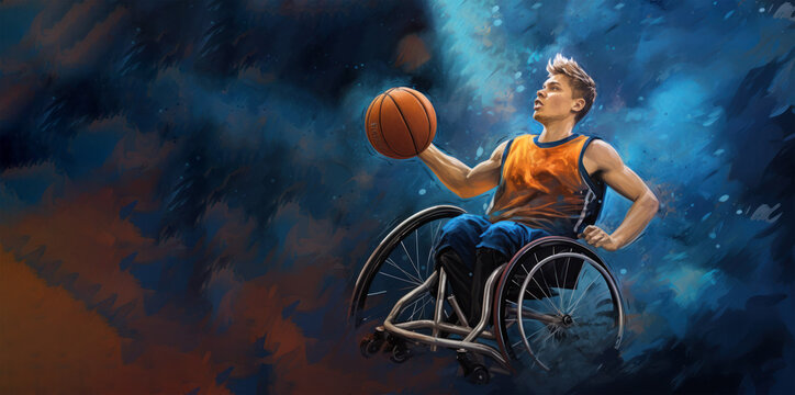 illustration banner poster on the theme of sports. disabled man young plays basketball in a wheelchair