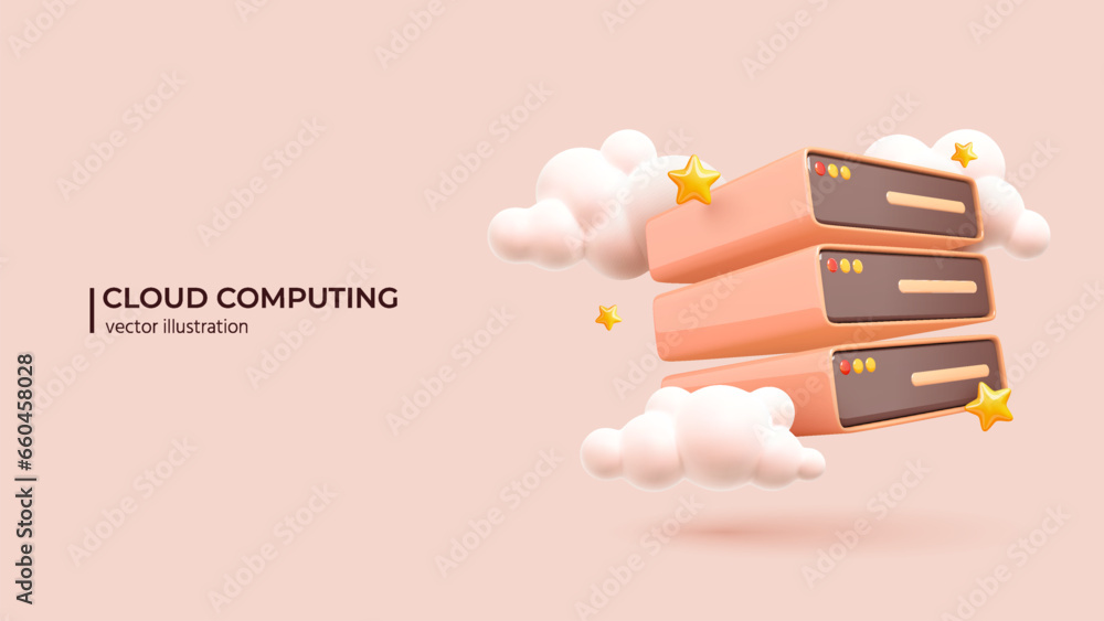 Poster 3d cloud storage. realistic 3d design of futuristic server with clouds and stars. a digital service 