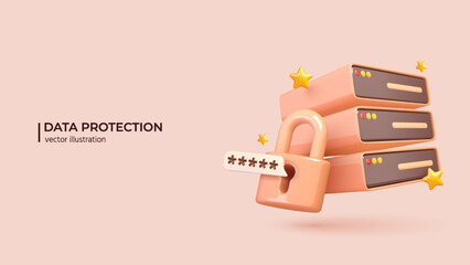 Privacy Concept 3d. Realistic 3d design of Servers with Lock. Data protection, safety, encryption, protection, privacy concept in cartoon minimal style. Vector illustration