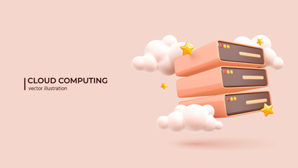 3d Cloud storage. Realistic 3d design of Futuristic Server with Clouds and Stars. A digital service or application with data transmission. Network computing technologies. Vector illustration