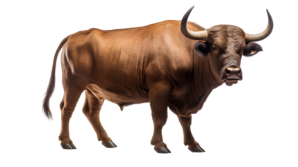 Standing Toro on the floor. brown bull. Side view. Isolated on Transparent background.