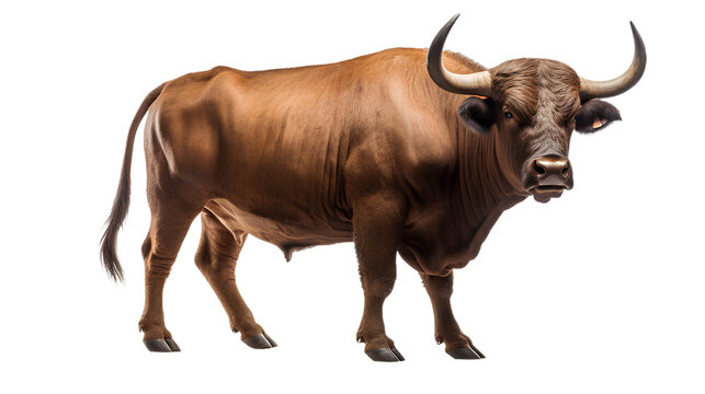 Standing Toro on the floor. brown bull. Side view. Isolated on Transparent background.
