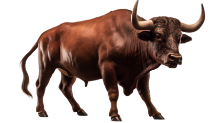 Standing Toro on the floor. brown bull. Side view. Isolated on Transparent background.