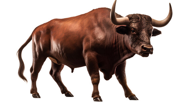 Standing Toro on the floor. brown bull. Side view. Isolated on Transparent background.