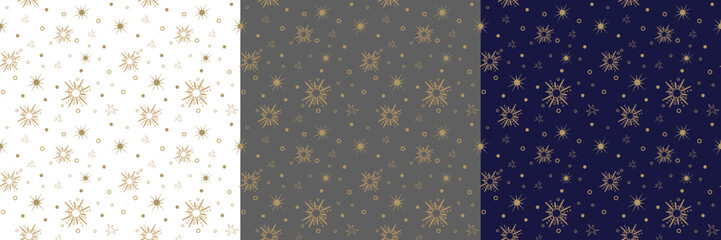 Set of stars seamless patterns, magic celestial night. Golden stars. Bohemian symbols. Vector illustration isolated on  background. White night.