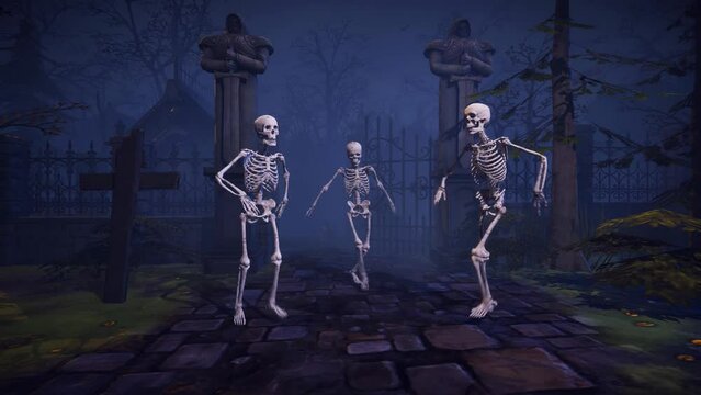 Halloween party. Funny skeletons dancing at the cementery.