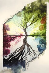view upwards into a treetop divided into four seasons sunlit cell structure artistic drawing with alcohol ink light pastel 