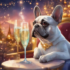 French bulldog with champagne on a New Year's background. 