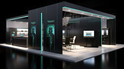 Visualisation vr project, futuristic Commercial stand in exhibition hall or large professional salon ready to receive brands and advertisements - obrazy, fototapety, plakaty