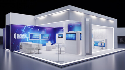 Visualisation vr project, futuristic Commercial stand in exhibition hall or large professional salon ready to receive brands and advertisements - obrazy, fototapety, plakaty