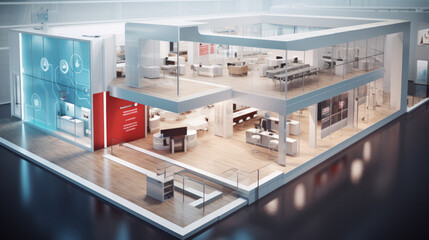 Visualisation vr project, futuristic Commercial stand in exhibition hall or large professional salon ready to receive brands and advertisements