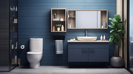 Interior of modern bathroom with blue tile walls, tiled floor, comfortable bathtub and sink with mirror