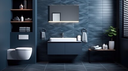 Fototapeta na wymiar Interior of modern bathroom with blue tile walls, tiled floor, comfortable bathtub and sink with mirror