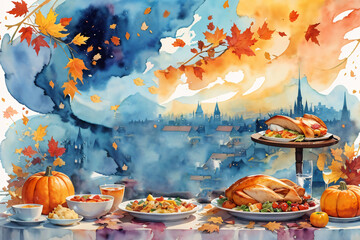 Traditional Thanksgiving turkey dinner, watercolor banner background with copy space, greeting cards and invitations