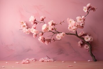 Blossoming Sakura Tree on Pink Background with Copy Space