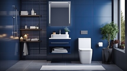 Interior of modern bathroom with blue tile walls, tiled floor, comfortable bathtub and sink with mirror - obrazy, fototapety, plakaty