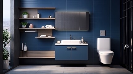 Interior of modern bathroom with blue tile walls, tiled floor, comfortable bathtub and sink with mirror