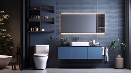 Interior of modern bathroom with blue tile walls, tiled floor, comfortable bathtub and sink with mirror