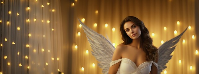 Beautiful Smiling Brunette Female Holy Golden White Angel Background - Woman Angel with Empty Copy Space for Text and Ads - Happy Young Woman Angel Wallpaper created with Generative AI Technology