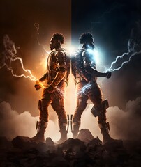 a pair of brown skin animated male twins fighting against zombies dressed in high tech clothes with electric weapons adult brother characters fighting in armegedon together dramatic end of world  - obrazy, fototapety, plakaty