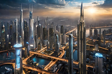 Neotropolis, Futuristic City scape. Gnerative AI