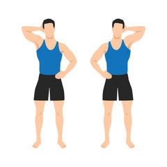 Man doing side push neck stretch exercise while standing. Flat vector illustration isolated on white background