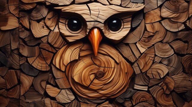 Wood bbird. Animal faces made of wood. Wild, brutal nature.