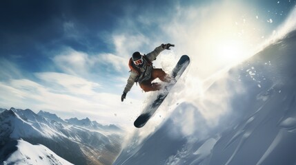 A man flying through the air while riding a snowboard. Great for advertising equipment rental businesses.