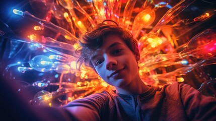 Naklejka premium Neurodiversity Illuminated: Reflective Selfie of a Young Person with Autism
