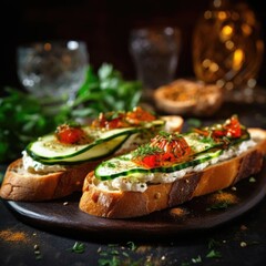 Bruschetta with roasted bell pepper, goat cheese, garlic and herbs - 660463412