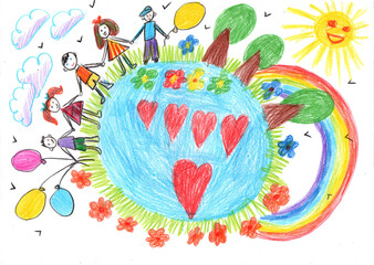 Child drawing of multicultural children holding hands around the world.World peace. No war