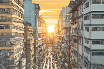 Sunlight seen between crowded buildings in central Seoul. Generative AI