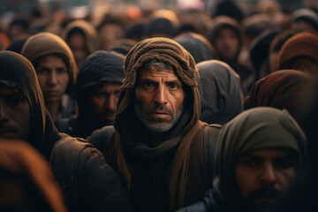 Emigration, migrants social problem. Portrait of older poor man of Eastern nationality in crowd of refugees looking at camera - obrazy, fototapety, plakaty