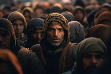 Fotobehang Emigration, migrants social problem. Portrait of older poor man of Eastern nationality in crowd of refugees looking at camera © Sergio