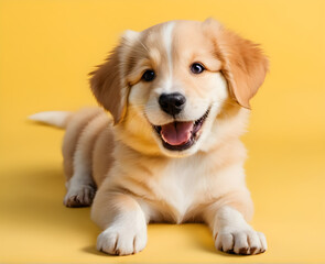 Joyful Canine Companion: Smiling Puppy on Vibrant Yellow Background. generative AI