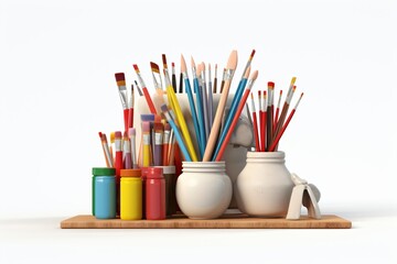 Art supplies with brushes, pencils, and colors isolated on a white background